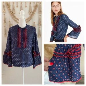 J.Crew navy blue & red ludwig silk embroidered blouse bell sleeves rickrack 4